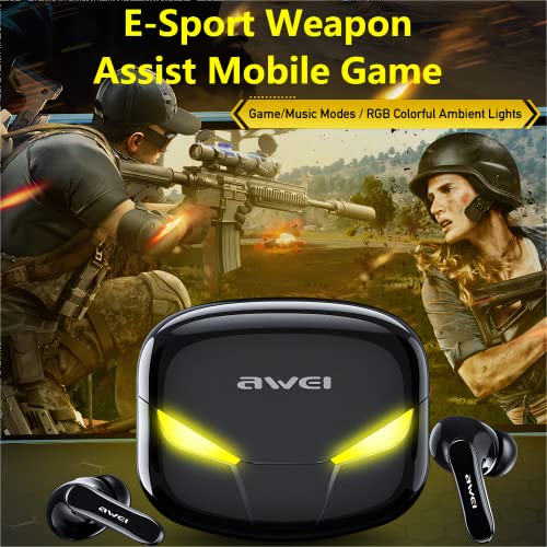 AWEI T35 Gaming Earbuds with Microphone,Wireless Bluetooth High Sensitivity Headphones with Game/Music Mode Breath Lights and 45 ms Ultra Low Latency(White)