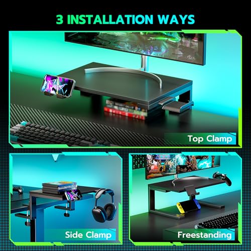 ARES WING Clamp-On 15" 3-in-1 Heavy Duty Desk Shelf Extender Black | Phone Headset holder Clamp Desk Extender Shelf,Desktop Organizer for Gaming and Office Accessories - size: 15“, style: with hooks