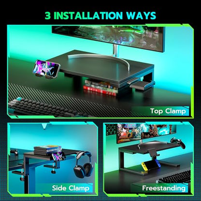 ARES WING Clamp-On 15" 3-in-1 Heavy Duty Desk Shelf Extender Black | Phone Headset holder Clamp Desk Extender Shelf,Desktop Organizer for Gaming and Office Accessories - size: 15“, style: with hooks