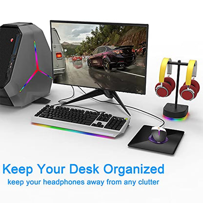RGB Dual Headphone Stand with USB Charging Port, Desk Gaming Double Headset Holder，Durable Hanger Rack-Suitable for Desktop Table, Game, DJ, Earphone, PC, PS4, PS5, Xbox Gamer Accessories