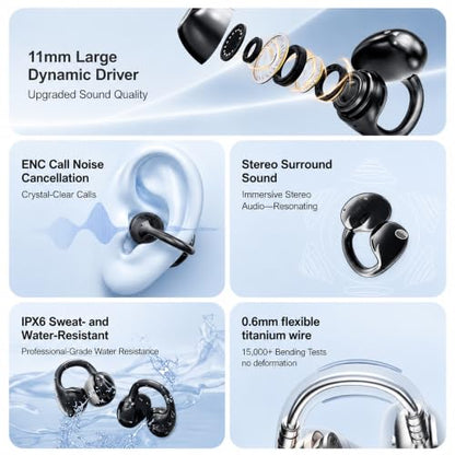 Open Ear Clip-On Earbuds, Starry Blue | Bluetooth 6.0, Dual 11mm Drivers, Silicone Air Cushion, ENC Noise Cancelling Mic, IPX6 Waterproof, 42H Playtime
