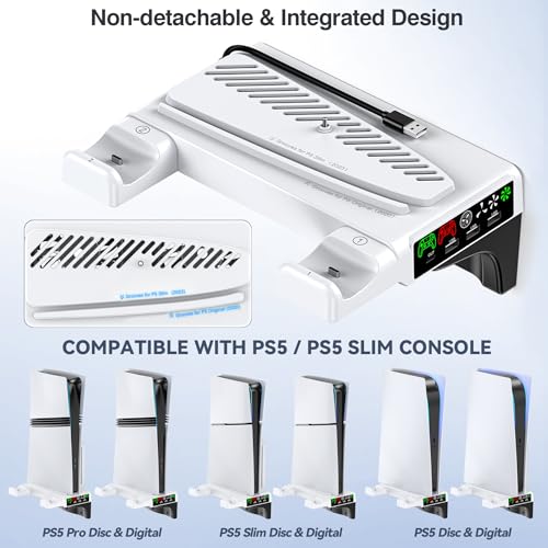 PS5 Wall Mount Kit with Cooling Fan & Controller Charging Station, PS5 Floating Shelf for PS5/Slim/Pro Disc & Digital Console, Mountable Behind PC Monitor for PS5 Accessories, Sega Genesis Consoles
