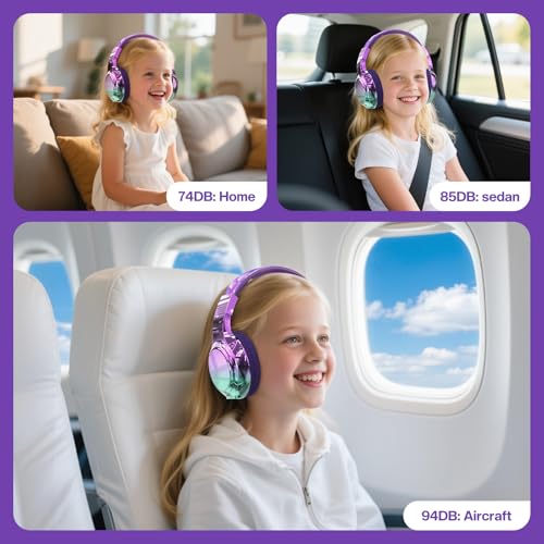 QearFun Kids Bluetooth Headphones, 60H Playtime, 74/85/94dB Volume Limit | For school, tablet, travel, kids wireless headphones feature HD mic, fast charging, foldable design, boys girls, wired mode - color: Purple