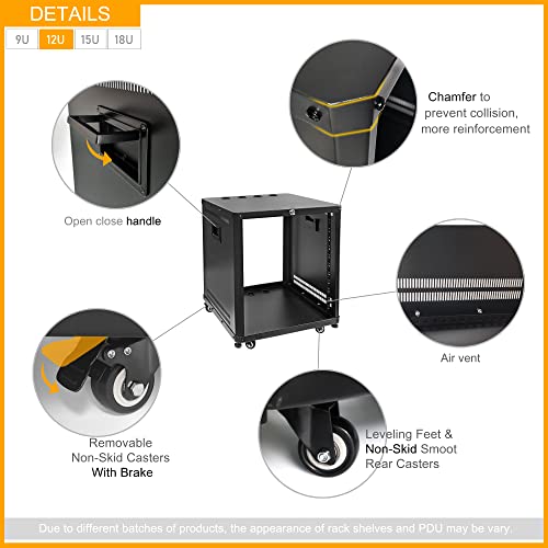 RIVECO POMU 12U Network & Stereo Rack with Caster Wheels, Rolling Server Rack Open Cabinet for 19 inches Audio Video Musical & IT Equipment Mounting, Round & Square Holes, Build in Handles Heavy Duty - size: 12U