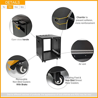 RIVECO POMU 12U Network & Stereo Rack with Caster Wheels, Rolling Server Rack Open Cabinet for 19 inches Audio Video Musical & IT Equipment Mounting, Round & Square Holes, Build in Handles Heavy Duty - size: 12U