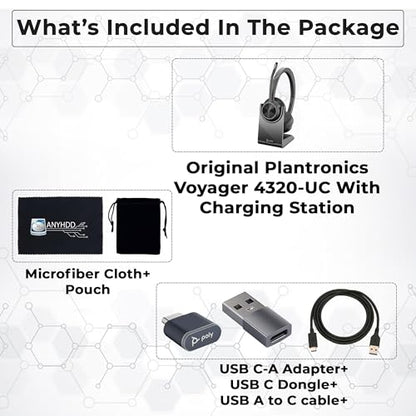 Poly Voyager 4320 UC Wireless Headset & Charge Stand - Stereo Headphones with Noise-Canceling Boom Mic + Charging Station + USB-C to A Adapter + USB C Dongle + USB A-C Cable + Pouch + Microfiber Cloth