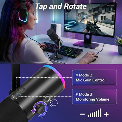 TONOR Dynamic Gaming Microphone XLR/USB Mic with AI Noise Cancellation | Desktop Stand Set, RGB, Tap Mute, 3.5mm Jack, Gain Control, Microfono for Content Creators, Black, TD510 AIR S