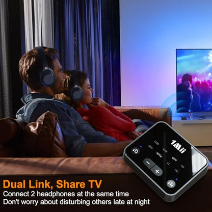 1Mii Bluetooth 5.3 Transmitter for TV to 2 Wireless Headphones/Speakers | aptX Adaptive/HD, Optical/AUX/RCA Audio Inputs with Volume Control, 100FT Long Range Bluetooth Adapter for Television