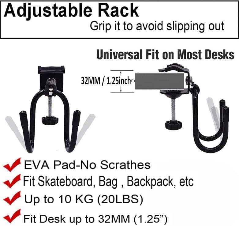 AUXPhome Desk Store Clamp-On Skateboard Holder - Skateboard Hooks Stand Clamp Hook Under Desk Space Save Mount for Headphone, Backpacks, Longboard, Mini Cruiser and More