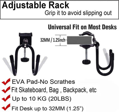 AUXPhome Desk Store Clamp-On Skateboard Holder - Skateboard Hooks Stand Clamp Hook Under Desk Space Save Mount for Headphone, Backpacks, Longboard, Mini Cruiser and More