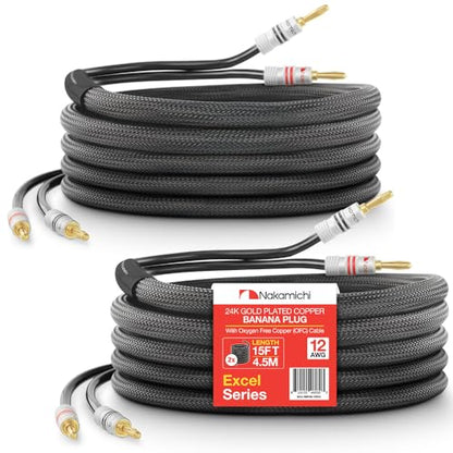 Nakamichi 24k Gold Plated Banana Plugs Speaker Cables 99.9% OFC (15 Feet) | Oxygen-Free Copper, Excel Series, Amplifier Heavy Duty Braided In-Wall CL2 Rated Wires - Black (12AWG / 15ft / 4.5m) 2-Pack - color: Black, size: 12 AWG (15-Feet)