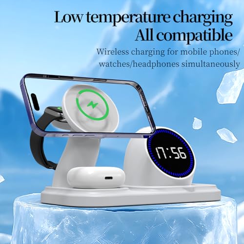 6 in 1 Wireless Charger for Apple Device，with Clock & 5 Color Ambient Light, Comes with Speakers,Nightstand Charger Station for iPhone 17/16/15/14/13/12/iWatch Series/AirPods (Black) - color: Black