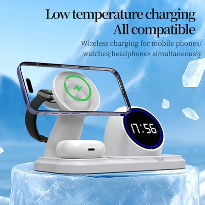 6 in 1 Wireless Charger for Apple Device，with Clock & 5 Color Ambient Light, Comes with Speakers,Nightstand Charger Station for iPhone 17/16/15/14/13/12/iWatch Series/AirPods (White) - color: White