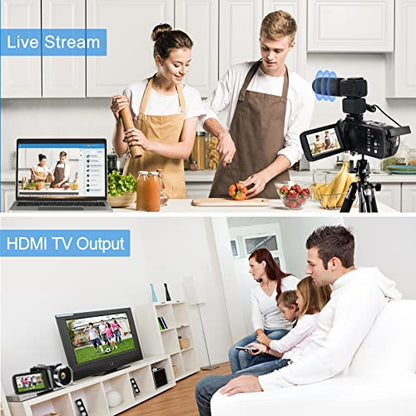 4K Video Camera, Camcorder 48MP Ultra HD WiFi Vlogging Camera for YouTube 18X Zoom 3.0" Touch Screen Digital Camera with Microphone, Stabilizer, Lens Hood, Remote, 2 Batteries