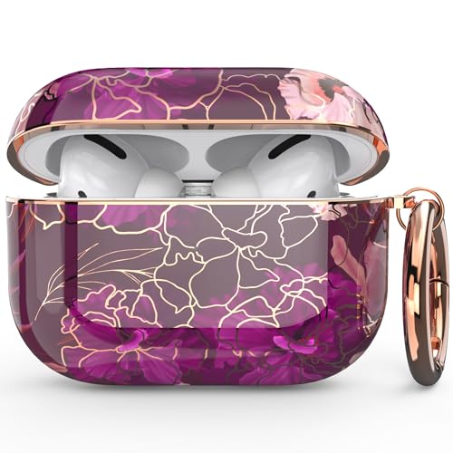 wenew case for Airpods Pro 2 Case, Flower Airpod Pro Slim Hard Case Cover with Carabiner for Women Girls (Golden Purple) - color: Golden Purple