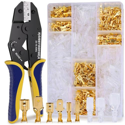 haisstronica 960PCS Brass Open Barrel Terminals with Crimping Tool | 22-10AWG Crimper, 2.8/4.8/6.3mm Spade Connector,Auto and Speaker Quick Disconnects, Conductor and Insulation Wing Crimps