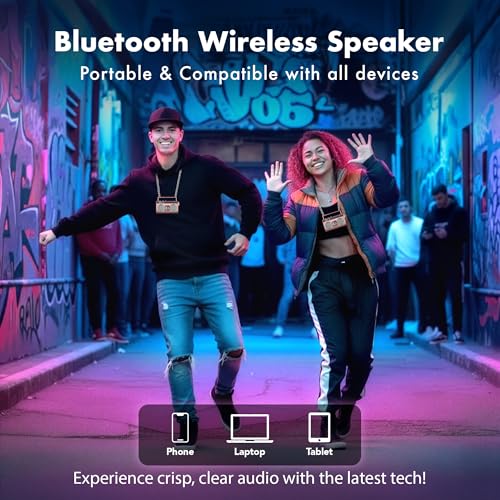 Portable Bluetooth Speakers, Retro Speakers Bluetooth Wireless Wearable | Mini Bluetooth Boombox with 27” Neck Chain, FM Radio, On-Board Buttons, Dual 3W Peak Power Bluetooth Speaker for Anywhere - color: Rose Gold/ Silver