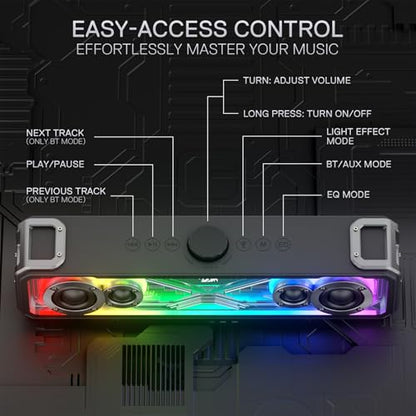 Redragon GS817 RGB Desktop Soundbar, 2.0 Channel Stereo Speakers for Desktop w/Massive 30W Max Power, Touch-Control, Wireless 5.3 & 3.5mm AUX Inputs, Black