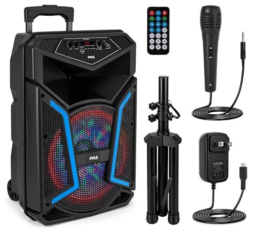 Pyle Portable Bluetooth PA Speaker System - 800W Outdoor Bluetooth Speaker Portable PA System w/ Microphone In, Party Lights, MP3/USB, FM Radio, Rolling Wheels - Mic, Remote - Pyle PPHP122SM,Black