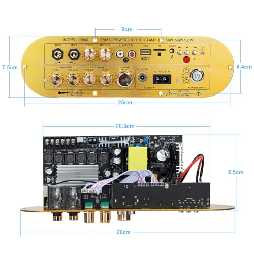 D900 2.1 Channel Bluetooth Receiver Amplifier 50W×2 + 100W Subwoofer, Hi-Res Audio Class D Amp with USB/AUX/USB Input, Bass Treble Control for Home Theater DIY Speakers