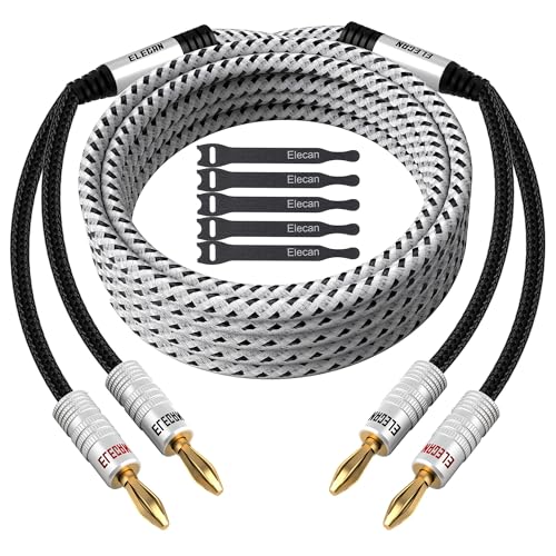 14 AWG Speaker Cable Wire 12 Feet with Gold-Plated Banana Tip Plugs-CL2 Rated-in Wall-Heavy Duty Nylon Braided, Oxygen-Free Copper (OFC)-White-with 5 Cable Ties - size: 12FT