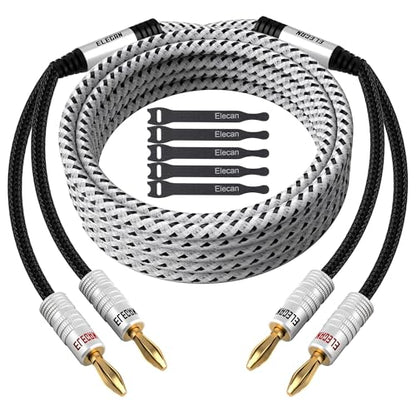 14 AWG Speaker Cable Wire 12 Feet with Gold-Plated Banana Tip Plugs-CL2 Rated-in Wall-Heavy Duty Nylon Braided, Oxygen-Free Copper (OFC)-White-with 5 Cable Ties - size: 12FT