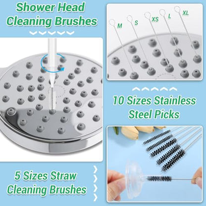 MAPVOLUT 50-in-1 Shower Head Cleaner Kit with Stainless Steel Needles | Reusable Straw Brush | Unclog Tiny Nozzles for Shower, 3D Printer, Straws, Faucets, Electronics | White - color: White