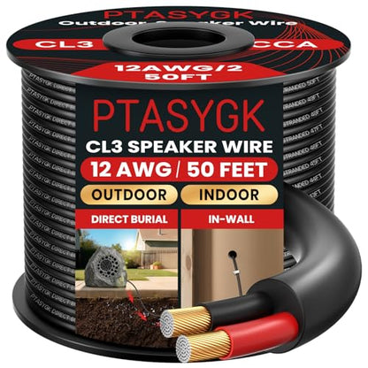 12 Gauge Outdoor Speaker Wire 50ft CL3 Direct Burial CCA Cable | CL2 Rated, 2 Conductor Stranded Core, UV and Weather Resistant, No Conduit Needed Underground, Garden Patio Pool Audio - size: 50FT, style: 12GAUGE
