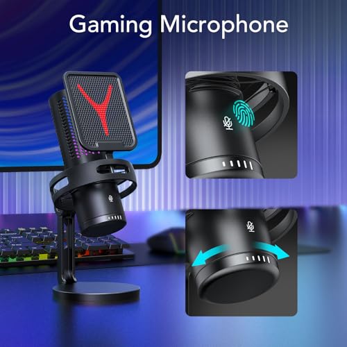 Zunate USB Condenser Gaming Microphone with RGB Effect, Clear Sound Quality OneTouch Mute Headphone Jack Plug and Play for Laptop Phone Tablet, Noise Reduction Desk Mic