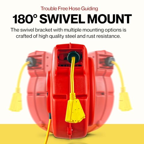 ReelWorks Extension Cord Reel Retractable 12AWG x 65' Foot | 3C/SJT Heavy Duty Commercial Cable Triple Tap Connector Power 15A 125VAC 1875W