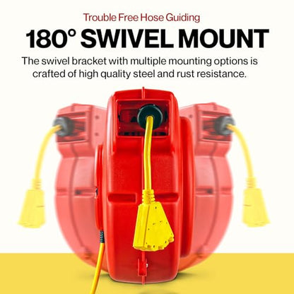 ReelWorks Extension Cord Reel Retractable 12AWG x 65' Foot | 3C/SJT Heavy Duty Commercial Cable Triple Tap Connector Power 15A 125VAC 1875W