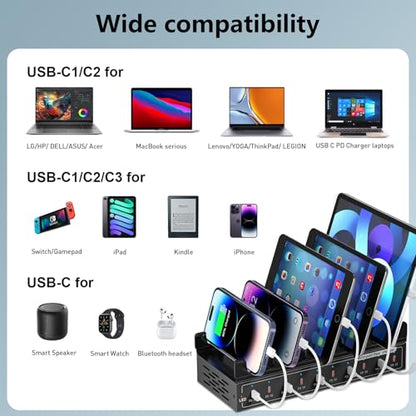 200W USB C Charging Station 10-Port Fast Charger for Multiple Devices, PD/QC Desktop Charging Hub for MacBook iPhone iPad Phones