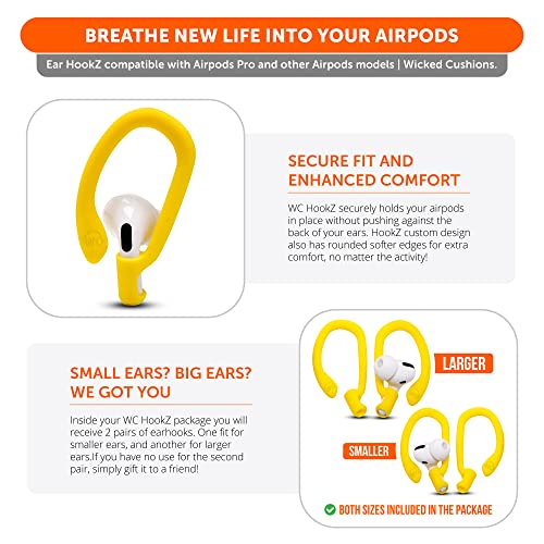 WC HookZ - Patented Upgraded Over Ear Hooks for AirPods Pro 1, 2 & AirPods 1, 2 & 3- Two Size Pairs Included in Package, Unique Left & Right Hook, Made by Wicked Cushions | Neon Yellow - color: Yellow