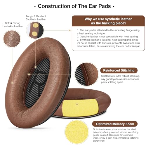 Aurivor Leather Ear-Pads Cushions for Bose QuietComfort QC-35 QC-35-ii QC-25 QC-15 QC-2 Headphones, Lambskin Replacement Ear Covers for Ae2/Ae2i/Ae2W SoundLink SoundTrue Around-Ear Headsets(Brown)