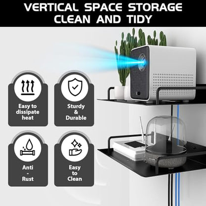 2Pack Projector Shelves for Wall No Drilling Widen 33cm Aluminum Alloy Wifi Router Wall Mount Shelf Easy Dissipate Heat Floating Shelves Stand Rack Holder Bracket for Game Console Cabel Box DVD Player