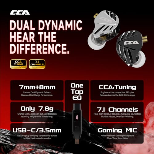CCA Falcon 2 DD in Ear Monitor, Immersive Stereo Gaming Earbuds, HiFi Noise Isolating in Ear Headphones, Crystal Clear & Deep Bass IEMs for Gamers Singers Musicians Audio Engineers - color: Black