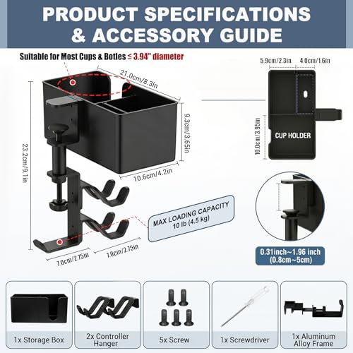 5 in 1 Desk Cup Holder Clamp, Detachable Pencil Holder | with Rotating Headphone Hanger & Controller Holder, Desk Organizer for Cup, Pen, Phone, Gaming Office Desk Accessories - color: With Two Controller Holders