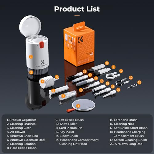 K&F CONCEPT 20-in-1 Keyboard Cleaning Kit for Phone, Camera, PC, Earphone | Suitable For Multiple Devices,Lens Pen And Blower Remove Dirt, Screen Cleaner and Pin, Disinfect, Anti-Static, Degrease,MM03