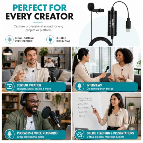 Movo LV1-UC USB-C Lavalier Microphone for iPhone 15, 16 & 17 – Clip-On | No Dongle Needed On USB-C iPhone. 16/24-Bit Digital Sound, Omnidirectional Clip-On, 20-Ft Cable, Windscreen & Case Included.