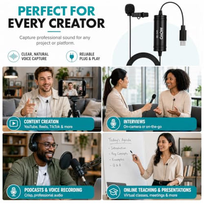Movo LV1-UC USB-C Lavalier Microphone for iPhone 15, 16 & 17 – Clip-On | No Dongle Needed On USB-C iPhone. 16/24-Bit Digital Sound, Omnidirectional Clip-On, 20-Ft Cable, Windscreen & Case Included.