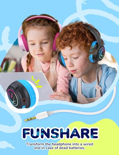 iClever BTH18 Kids Bluetooth Headphones LED Lights for Toddler Boys Girls | SafeSound Tech, 43H Playtime Stereo Sound, USB C Charging AUX Cable, Over Ear Kids Headphones Wireless for iPad/Tablet/Travel - color: Black