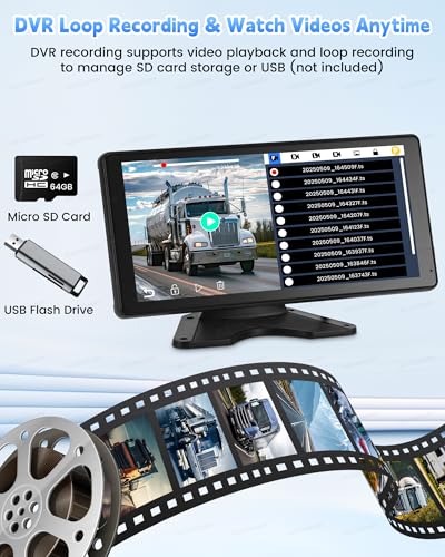 RV Camera System with CarPlay Android Auto 10.36 Inch Touch Monitor | 4 1080P wired IP69 backup cameras, BSD blind spot alert, 24H parking monitor, DVR recording, for semi truck trailer RV camper