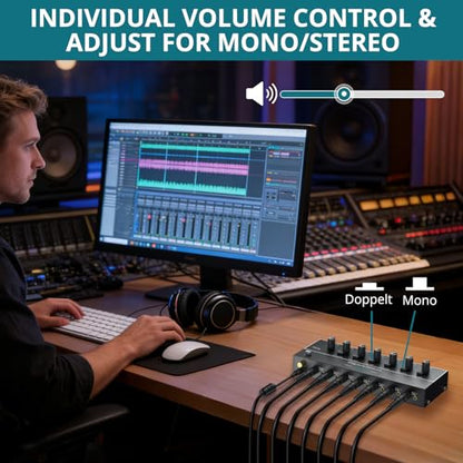 Mini Audio Mixer, 6 Channel Stereo Line Mixer 1/4" & 1/8" TSR Audio Output Input Jack, Line Mixer Stereo/Mono Independent Control and Switch for Guitars,Bass,Keyboards, Dynamic Microphone - size: Large(6-channel)