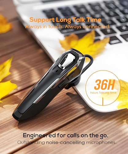 Single Ear Bluetooth Headset for Calls, Lightweight Wireless Earpiece | with Noise Canceling Microphone, 36Hrs Talk Time, Hands-Free Headset for Driving/Office, Crystal Clear Calls (Black)