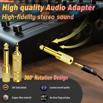 4-Pack Headphone Adapter Set(Gold Plated), 1/8 (3.5mm) and 1/4 (6.35mm) Adapter Mono(TS), Audio Jack Converter for Guitar, Amp, Studio, Zero Signal Loss