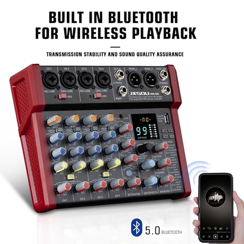 8-Channel Audio Mixer with 99 DSP Effects and 48V Phantom Power | DJ sound board mixer with Bluetooth, USB, XLR input, and stereo mixing for karaoke, studio, PC recording, and live use.
