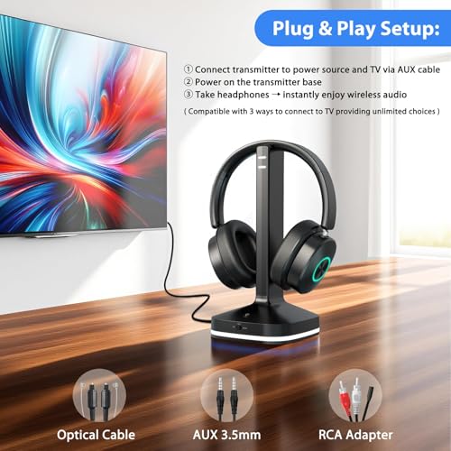 Wireless Headphones for TV Watching, TV Headphones Wireless for Seniors with 3 Audio Modes, Bluetooth Headphone with Transmitter Charging Base, No Delay Over Ear Headset, Gifts for Parents/Elderly