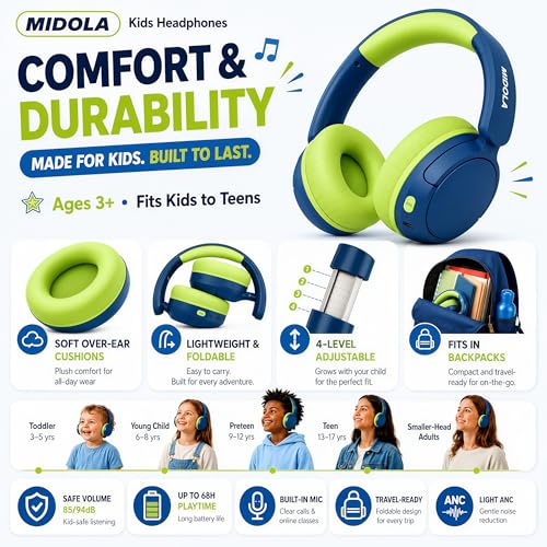 Kids Bluetooth Headphones Wireless,ANC, 68H,Safe Volume Limit 85/94dB Blue | Active Noise Cancelling,Adjustable Headband Foldable Over-Ear for Toddler Girls Boys Tablet/iPad,HD Stereo,Built-in Mic,Green - color: Deep Blue