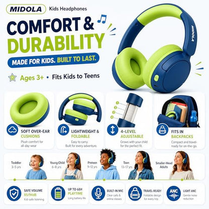 Kids Bluetooth Headphones Wireless,ANC, 68H,Safe Volume Limit 85/94dB Blue | Active Noise Cancelling,Adjustable Headband Foldable Over-Ear for Toddler Girls Boys Tablet/iPad,HD Stereo,Built-in Mic,Green - color: Deep Blue