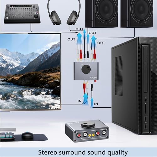 RCA Stereo Audio Switcher, 2 in 1 Out / 1 in 2 Out Bi-Directional RCA Audio Selector Splitter, Passive No External Power Required for TV Speaker Amplifier